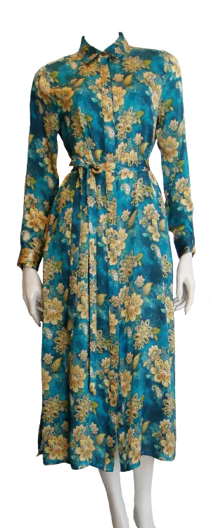 100% Italian Silk Satin Stretch/charmeuse silk Teal, Gold and Green Print Shirtdress/Coat UK Size 8-12 by I LOVE LOLA London