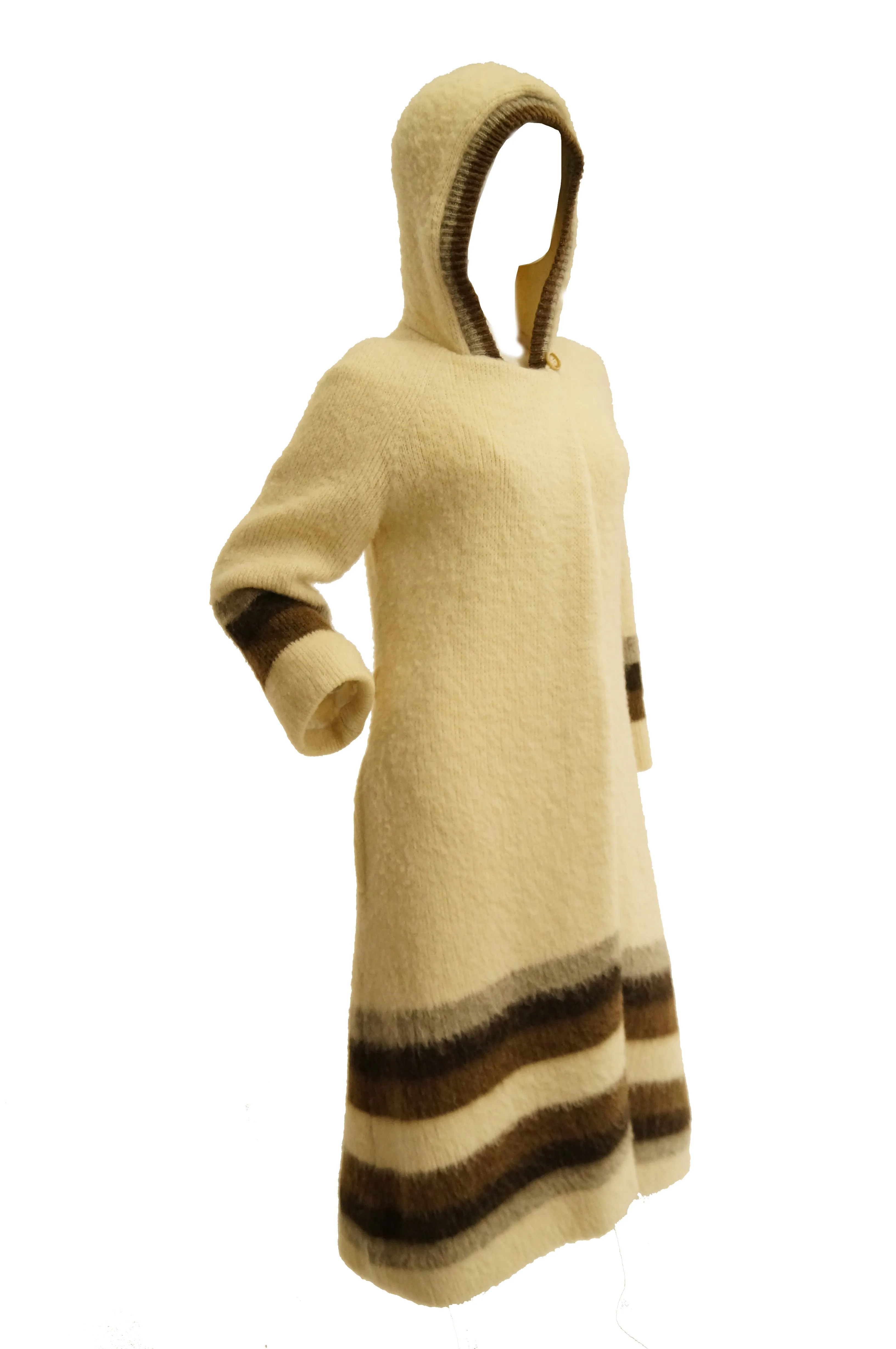 1960s Hilda Icelandic Wool Coat with Hood and Stripe Detail