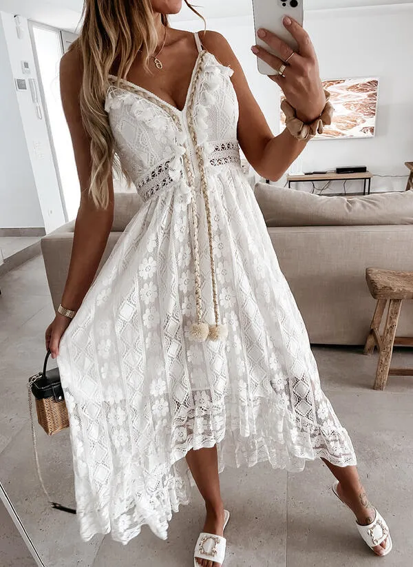 323# Summer New White Lace Suspenders with Solid Color Beach Dress