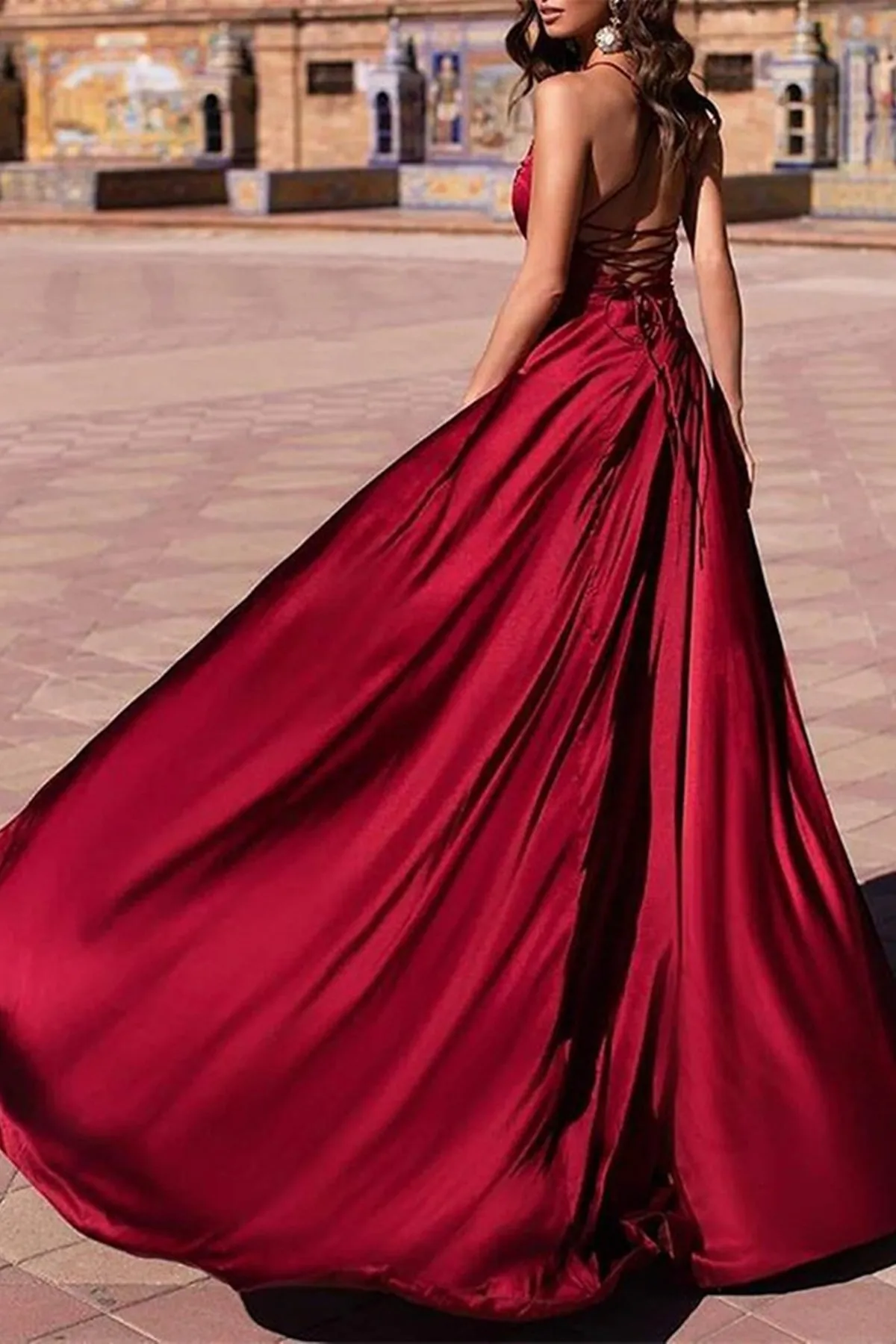 A Line V Neck Backless Burgundy Satin Long Prom Dress with Double Slit, Backless Burgundy Formal Graduation Evening Dress A1701