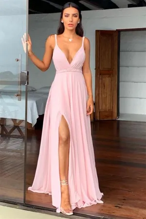 A Line V Neck Pink Chiffon Long Prom Dress with High Slit, V Neck Pink Formal Graduation Evening Dress A1564