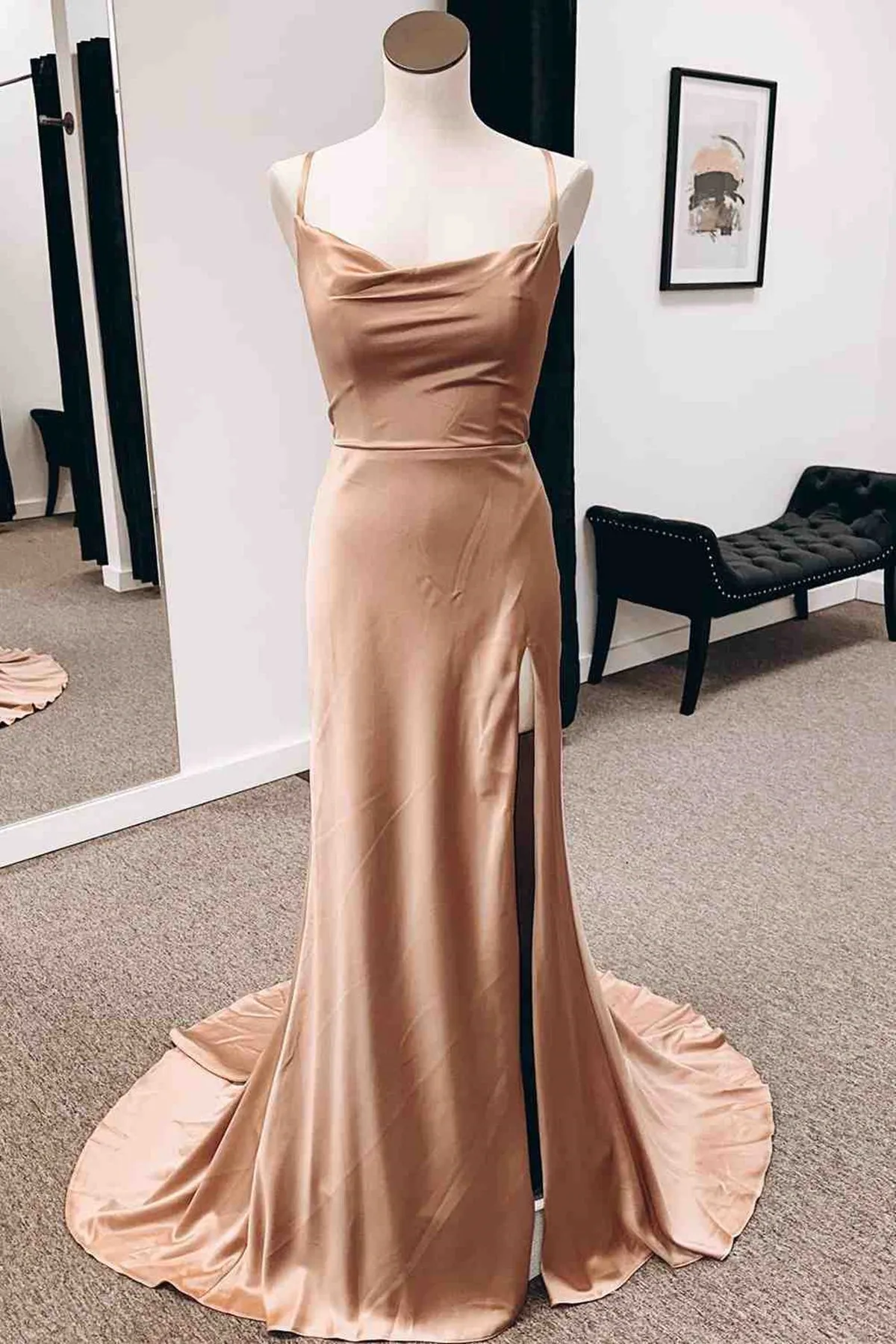 Backless Champagne Long Prom Dress with High Slit, Long Champagne Formal Graduation Evening Dress A1810