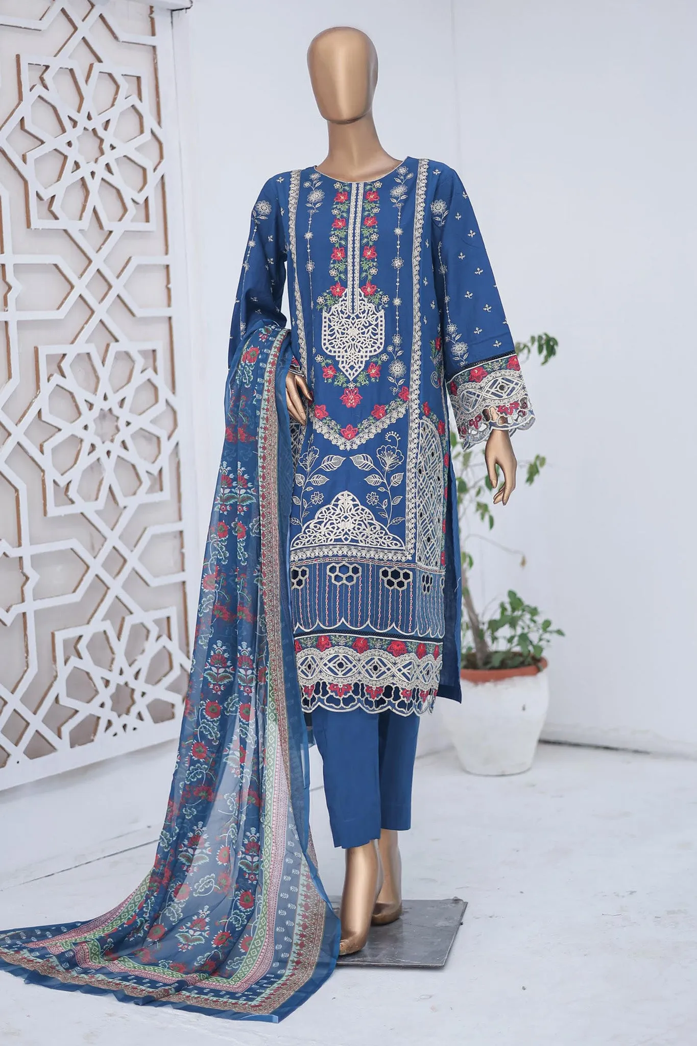 Bin Saeed Stitched 3 Piece Luxury Emb Cotton Collection'2024-LF-957-Navy Blue