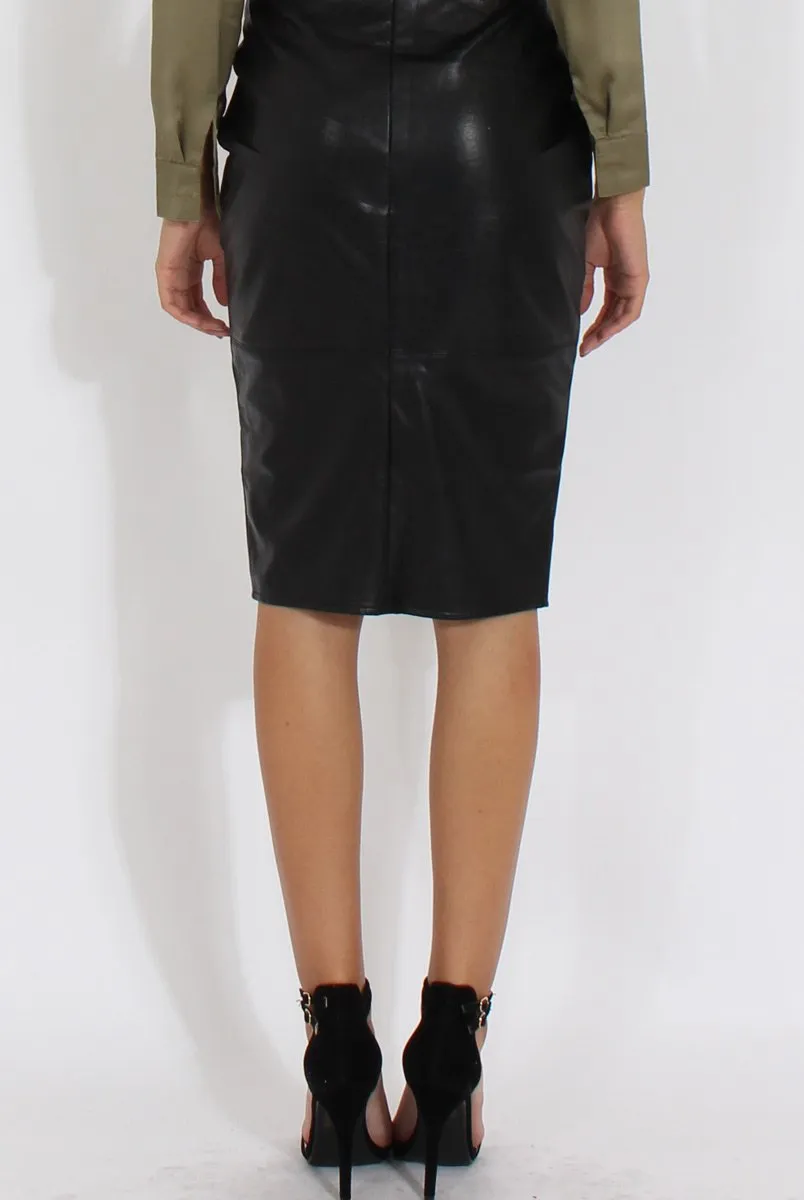 Black Faux Leather Split Hem Midi Skirt - Kendra