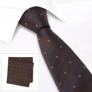 Brown & Blue Flower Spot Silk Tie & Handkerchief Set