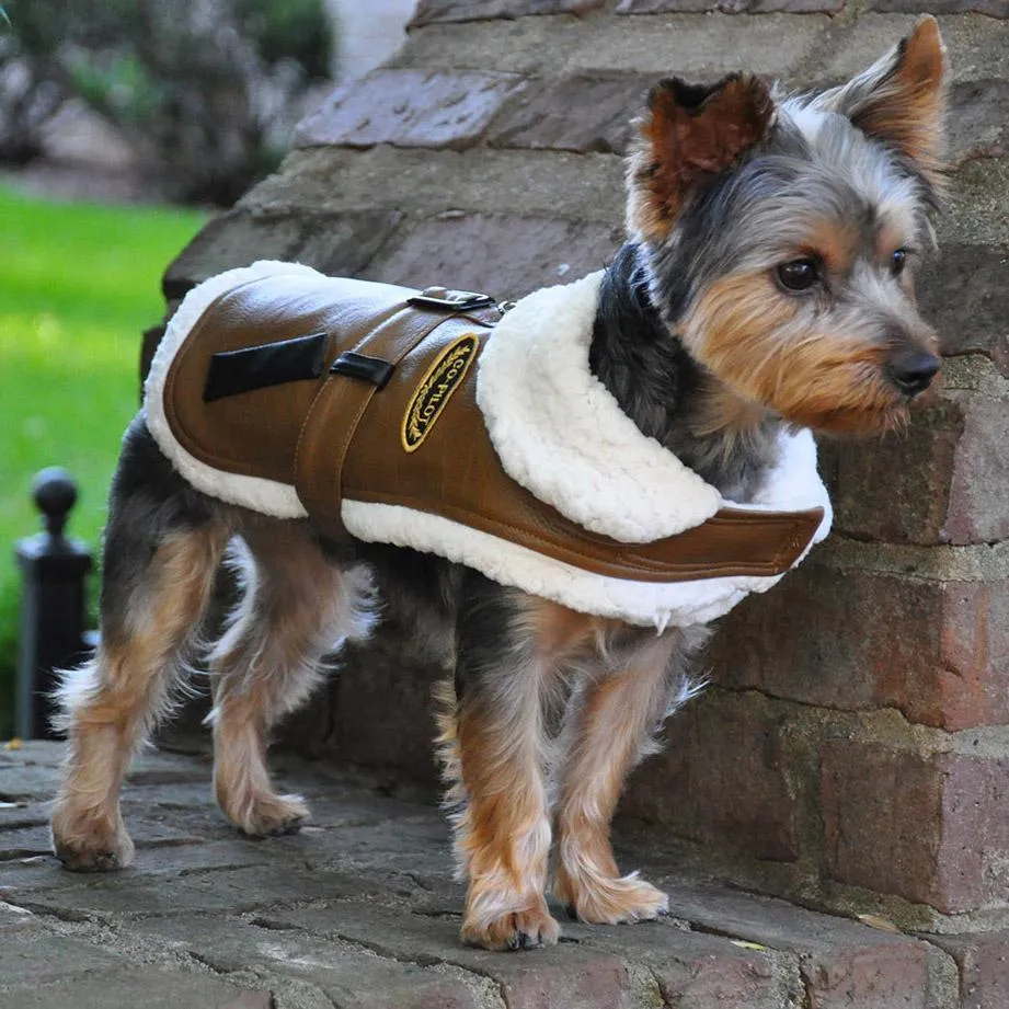 Brown And Black Faux Leather Bomber Dog Coat