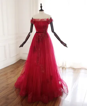 Burgundy Tulle Lace Long Prom Dress Burgundy Tulle Lace Evening Dress