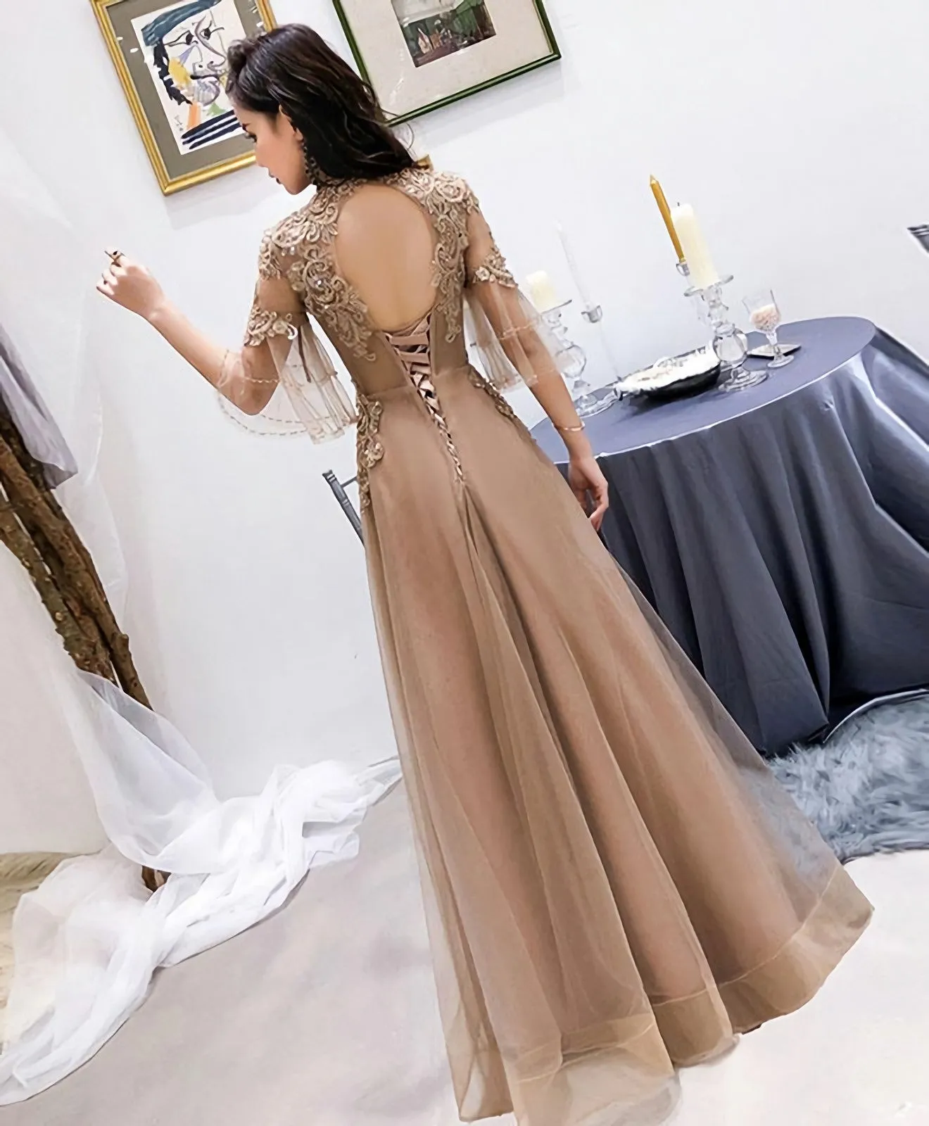 Champagne High Neck Tulle Lace Long Prom Dress Champagne Evening Dress