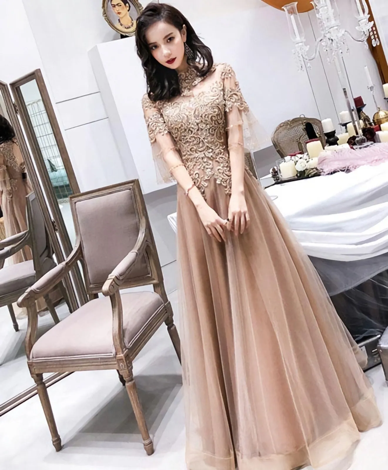 Champagne High Neck Tulle Lace Long Prom Dress Champagne Evening Dress