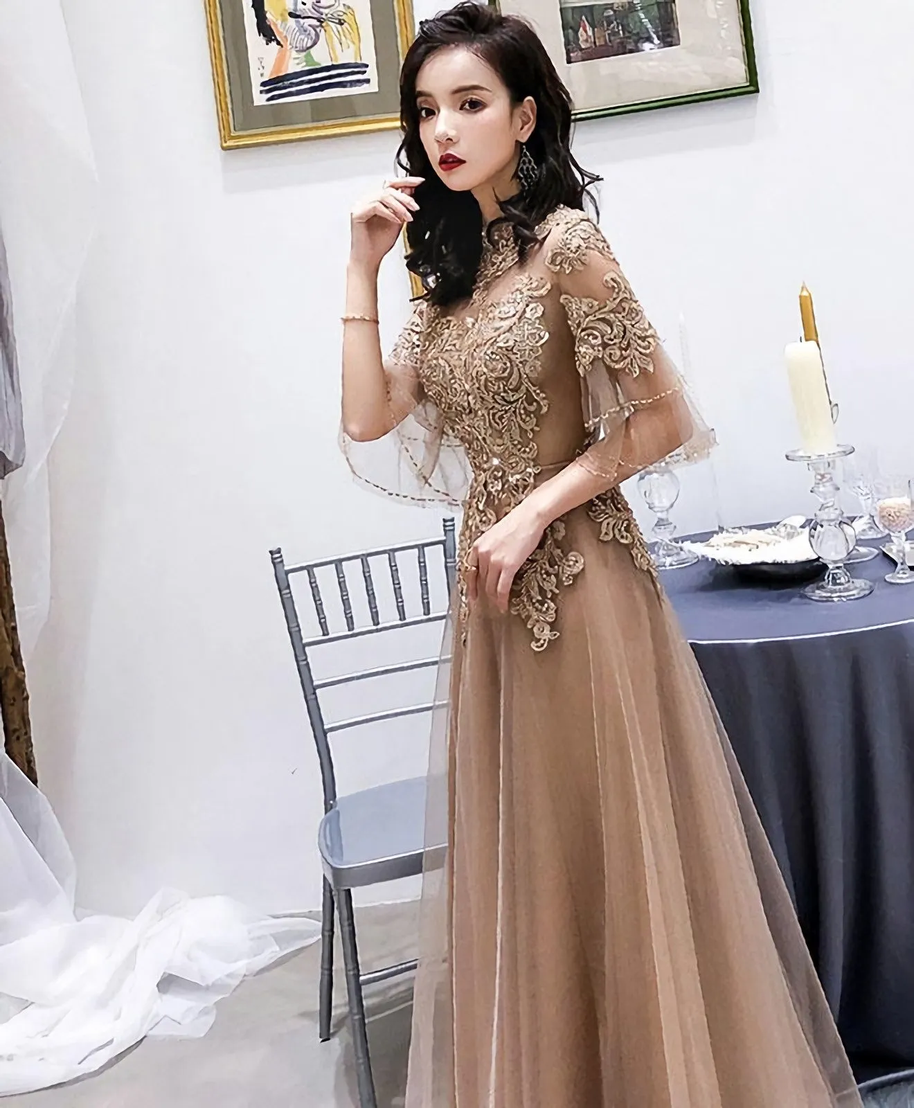 Champagne High Neck Tulle Lace Long Prom Dress Champagne Evening Dress