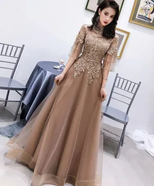 Champagne High Neck Tulle Lace Long Prom Dress Champagne Evening Dress