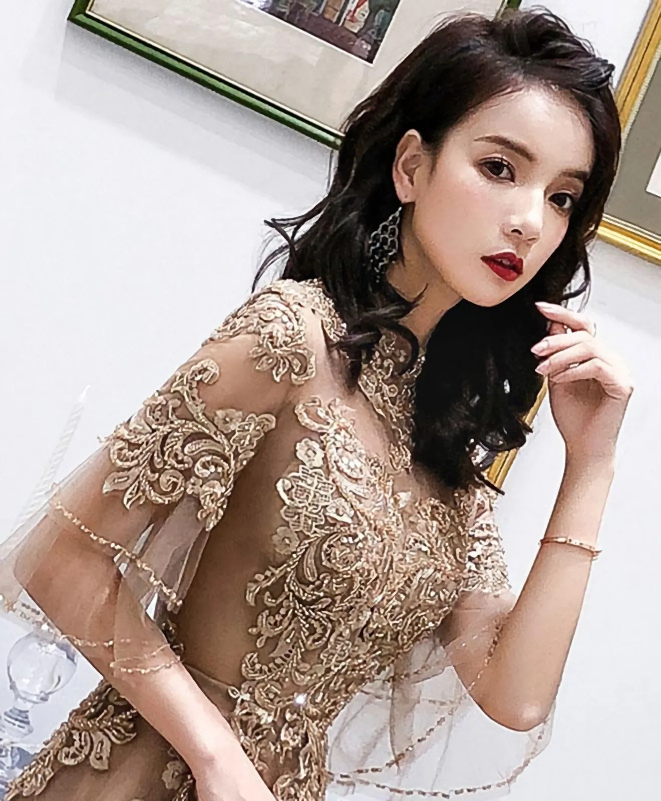 Champagne High Neck Tulle Lace Long Prom Dress Champagne Evening Dress