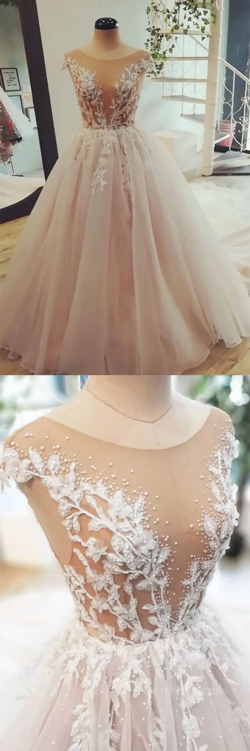 Champagne tulle lace long prom dress tulle evening dress