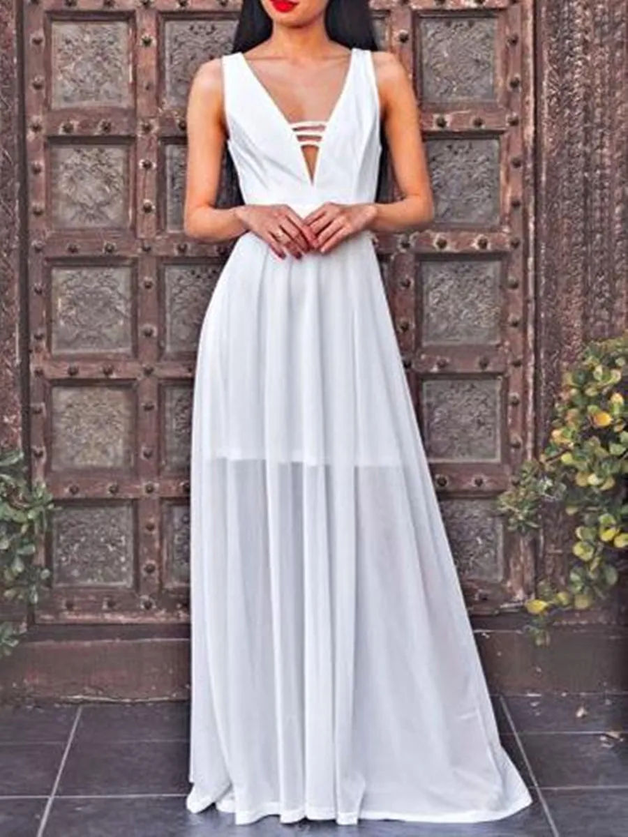 Chic A Line V Neck Floor Length Ivory Long Prom Dresses, Ivory V Neck Formal Graduation Evening Dresses