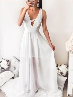 Chic A Line V Neck Floor Length Ivory Long Prom Dresses, Ivory V Neck Formal Graduation Evening Dresses