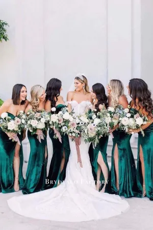 Dark Green Velvet Strapless Slit Bridesmaid Dress