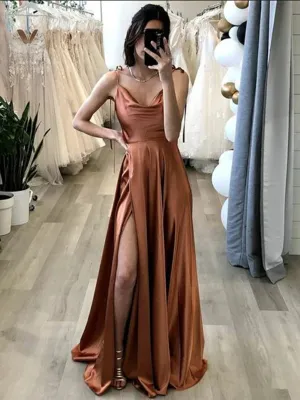 Elegant Brown Satin Long Prom Dresses with High Slit, Long Brown Formal Graduation Evening Dresses