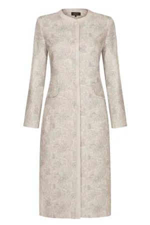 Embroidered Dress Coat in Champagne Raw Silk, with Navy - Chloe