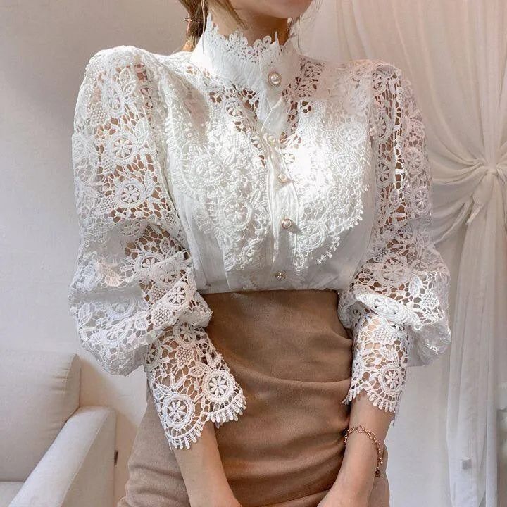 French Loose Chic Button Heavy Lace Cutout Flower Panel Long Sleeve Stand Collar Shirt