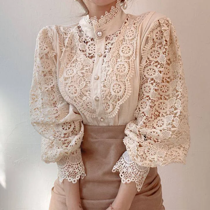 French Loose Chic Button Heavy Lace Cutout Flower Panel Long Sleeve Stand Collar Shirt