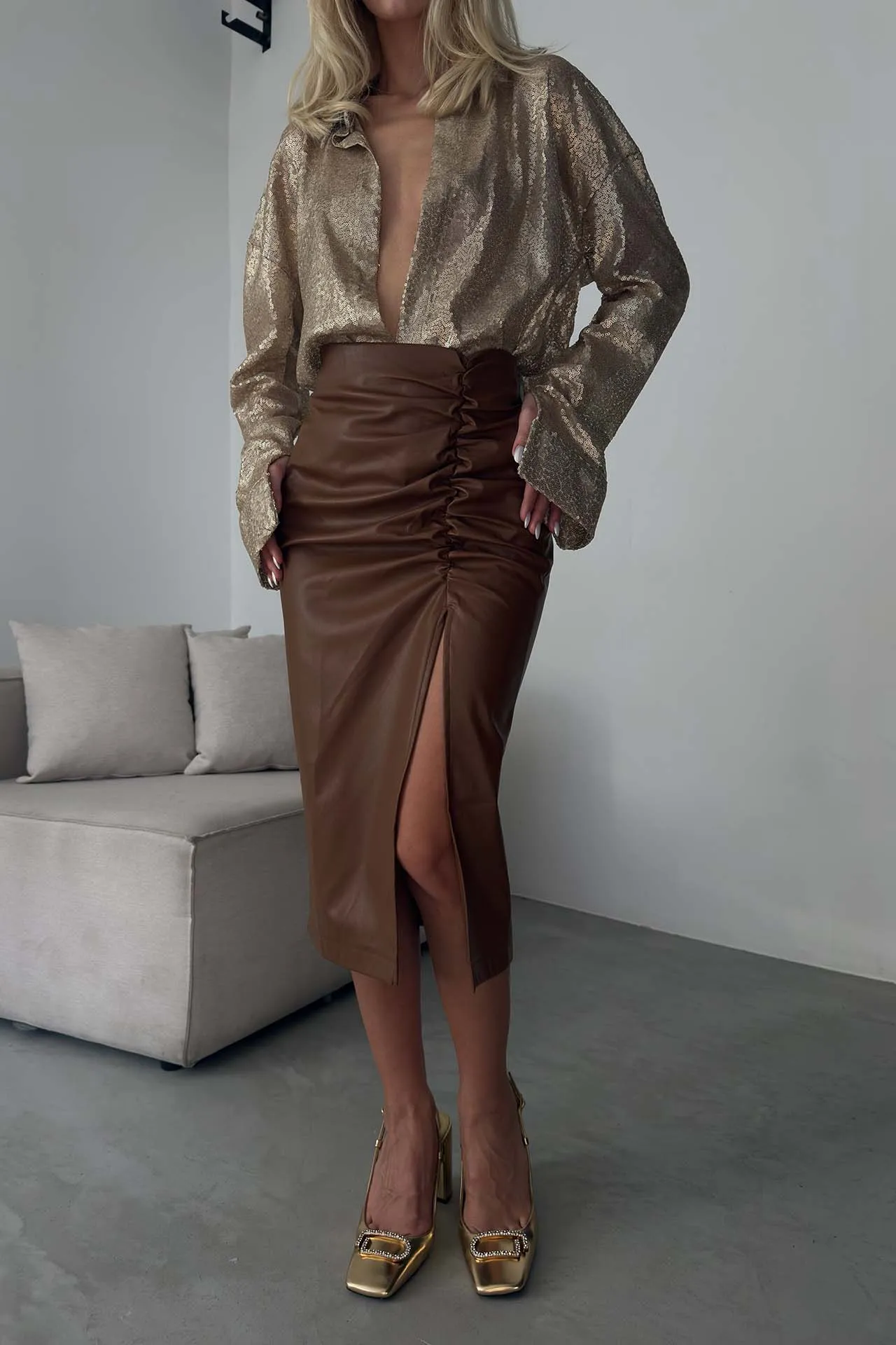 Gathered Leather Skirt