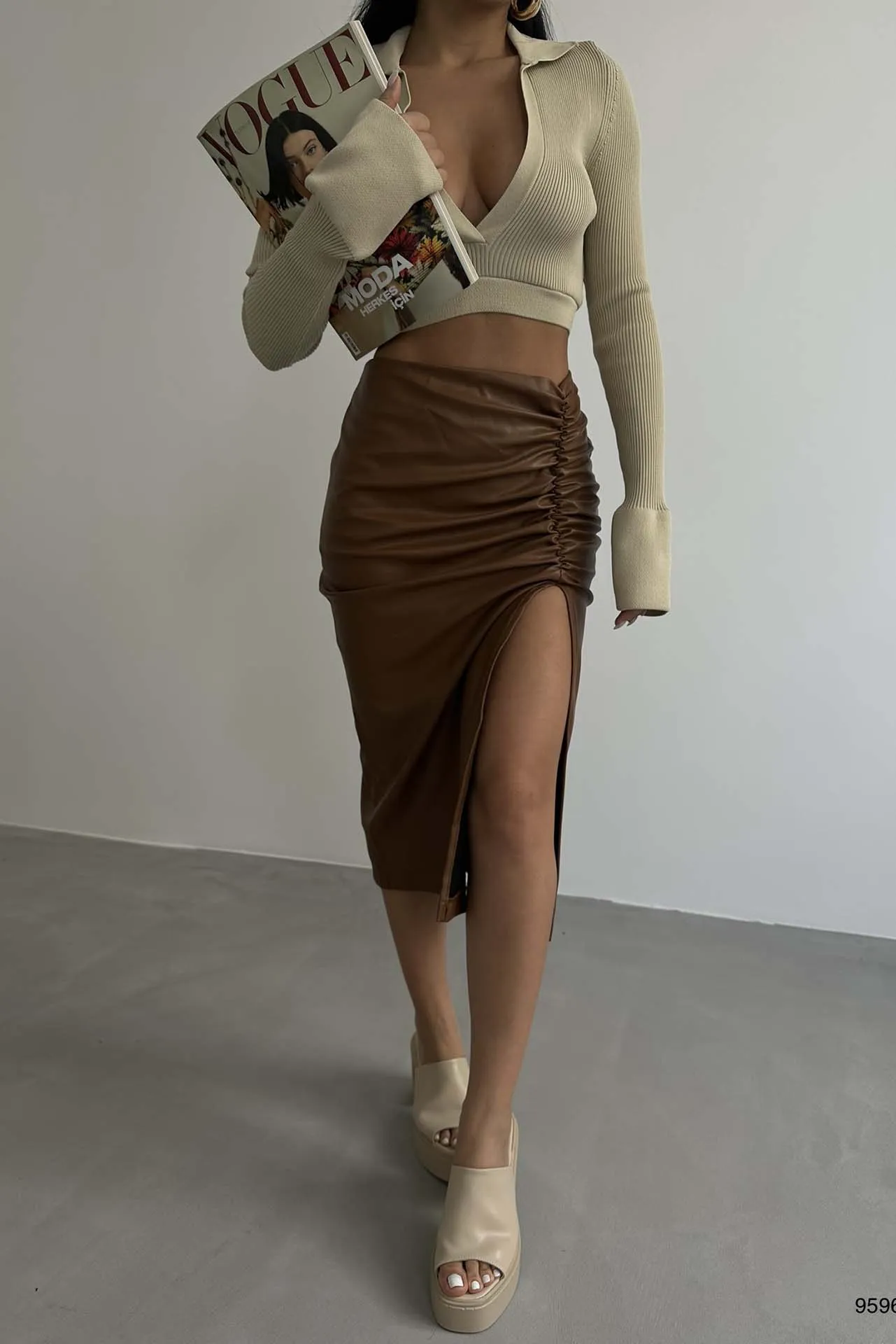 Gathered Leather Skirt