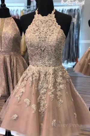 Halter Neck Short Champagne Lace Prom Dress Champagne Lace Formal Graduation Homecoming Dress