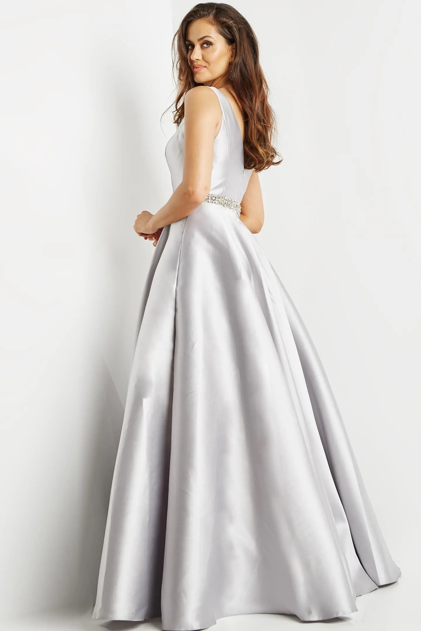 JOVANI 09077 Silver Mikado Modest A-Line Evening Gown