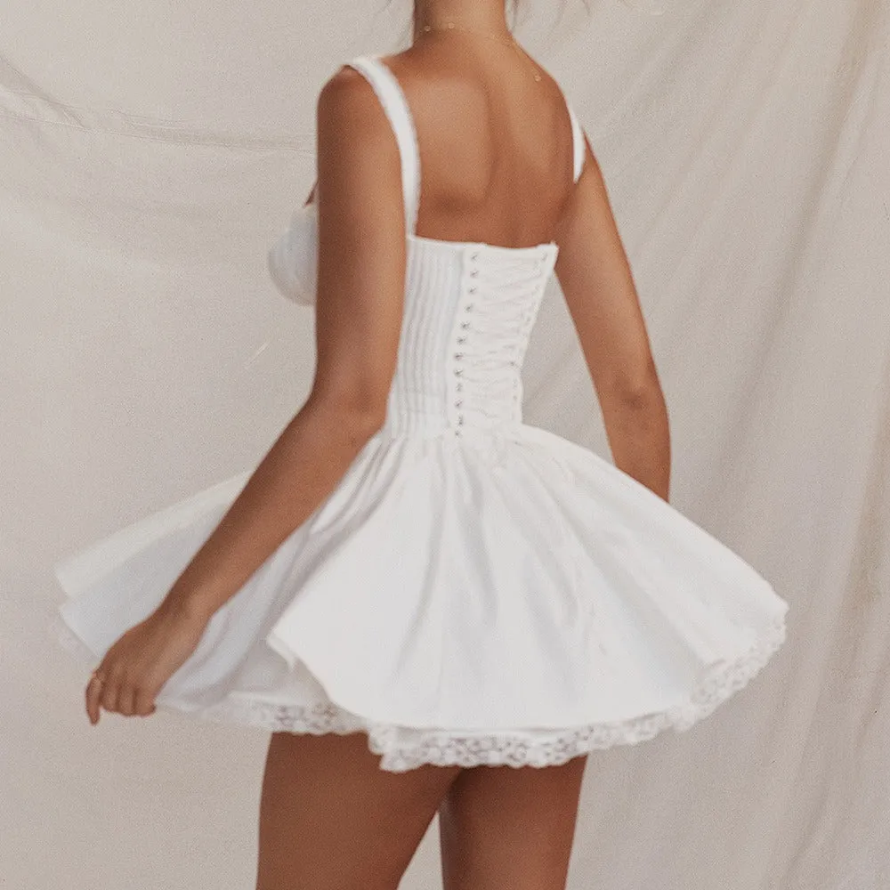 Lace Backless White Dress with Waistband