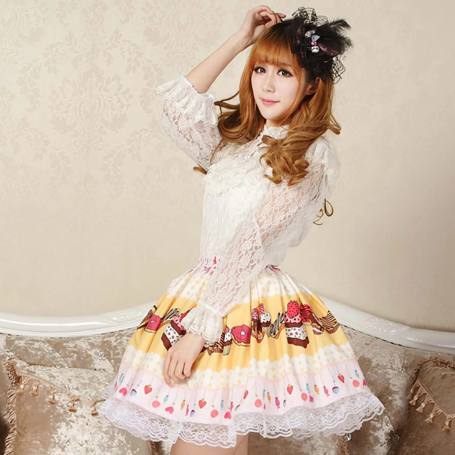 Lolita Sweet Light Yellow Original Design Cake and Strawberry Printed Girl's Short Cute Skirt