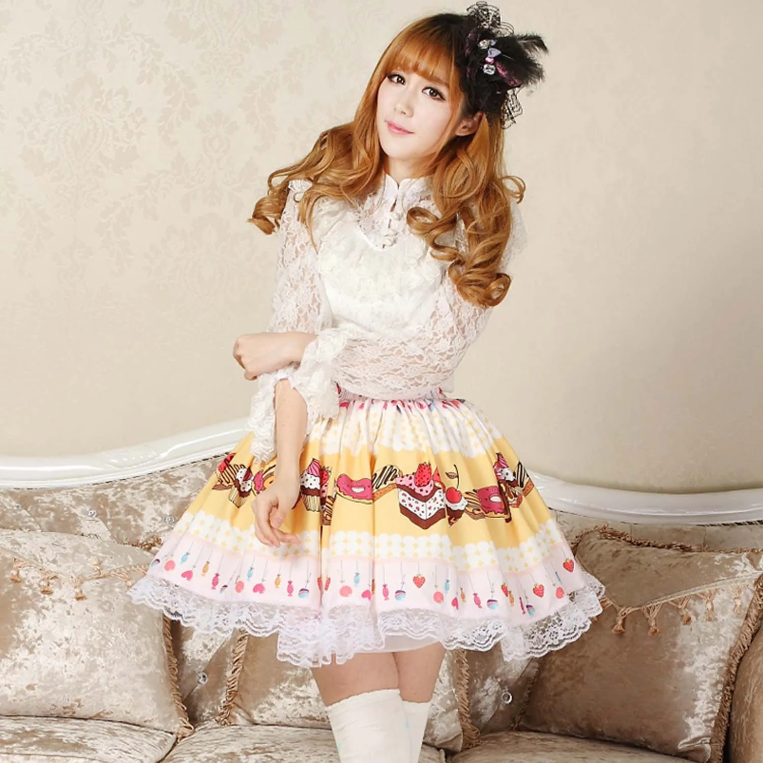 Lolita Sweet Light Yellow Original Design Cake and Strawberry Printed Girl's Short Cute Skirt