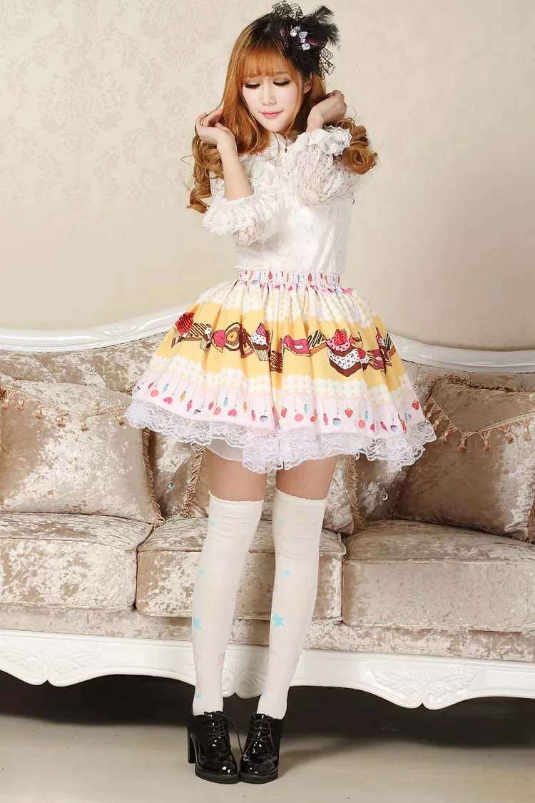 Lolita Sweet Light Yellow Original Design Cake and Strawberry Printed Girl's Short Cute Skirt