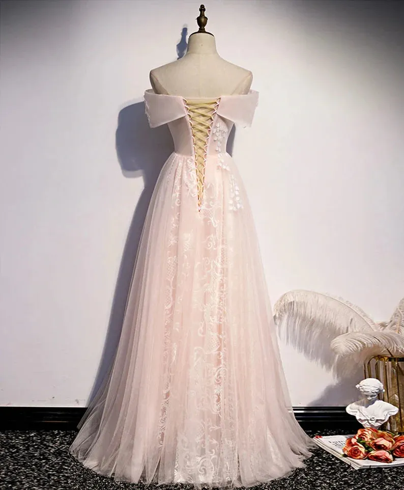 Long Pink Off Shoulder A-line Prom Dress with Lace, Sweetheart Evening Dress