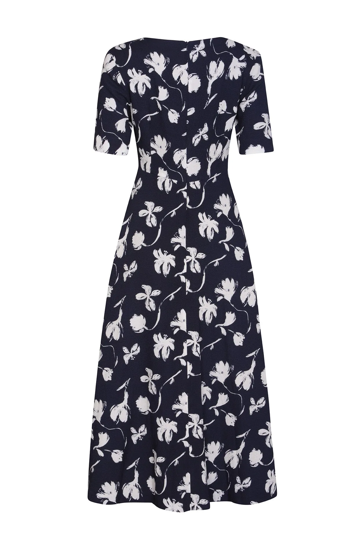 Longer Length Full Skirted Dress, with Short Sleeves in Navy/Ivory Floral Print Silk Cloqué- Lexie