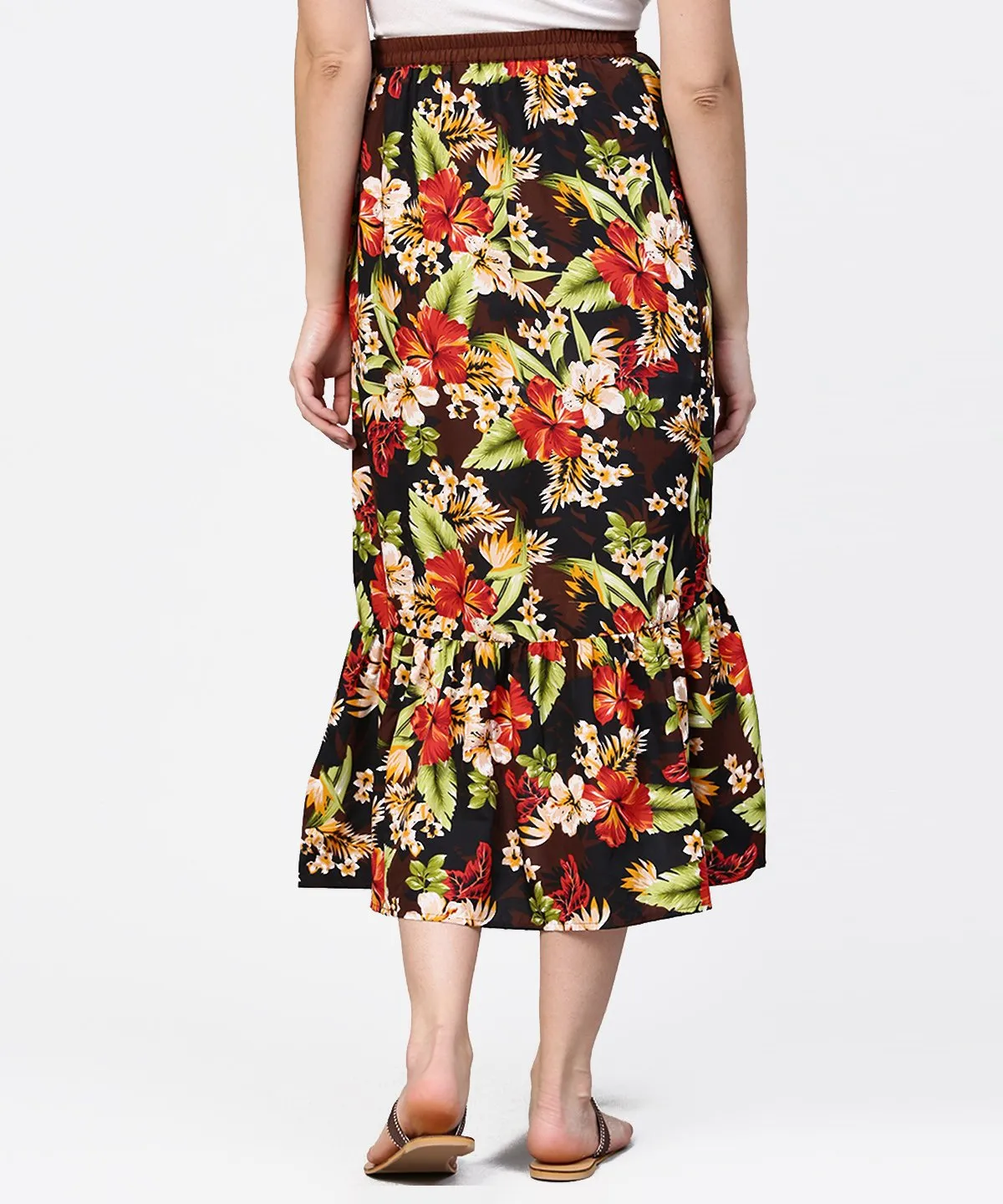 Multi Flower Printed Calf Length Skirt