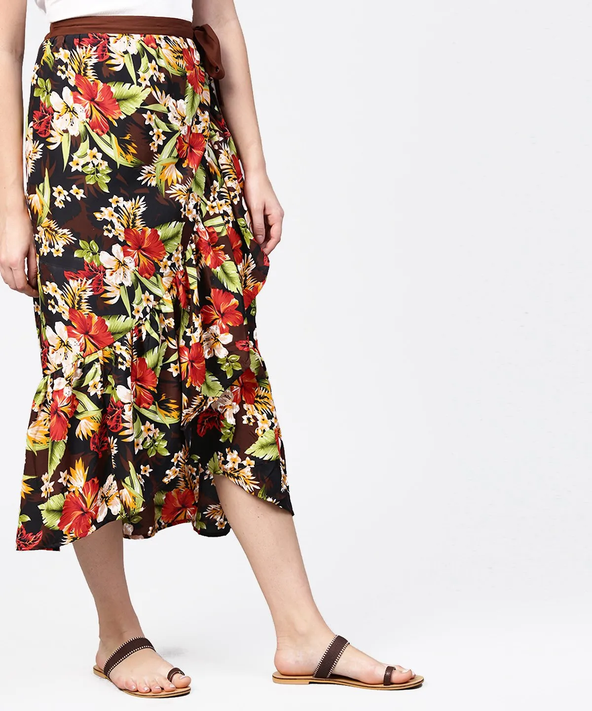 Multi Flower Printed Calf Length Skirt