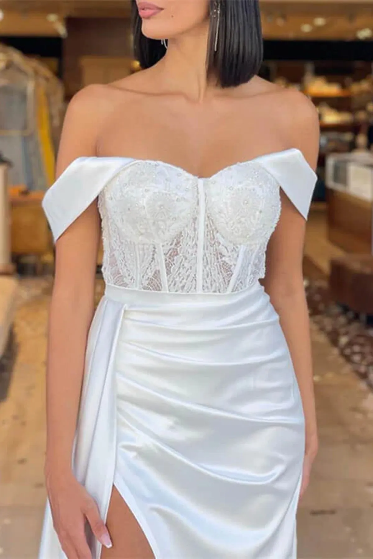 Off Shoulder White Lace Top Long Prom Dress with High Slit, White Lace Formal Dress, White Evening Dress A1727