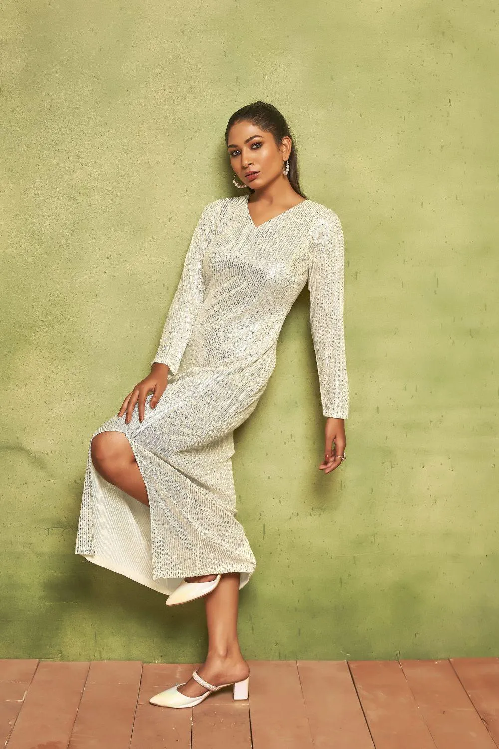 Pearl White Sequin Maxi Dress | V-Neck Long Sleeve Glamour