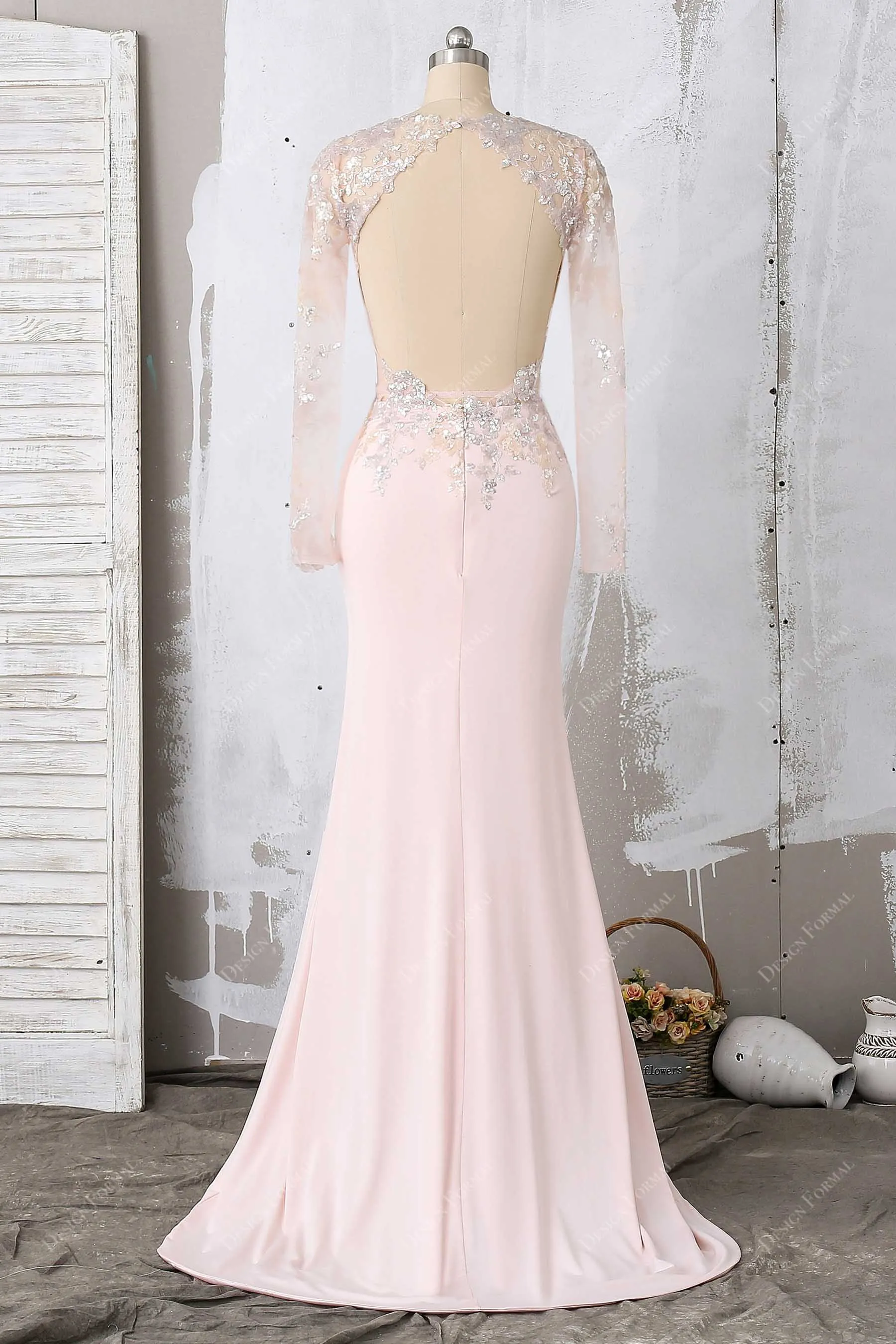 Pink Sequins Jersey Fit and Flare Sexy Slit Prom Dress Cutout Back