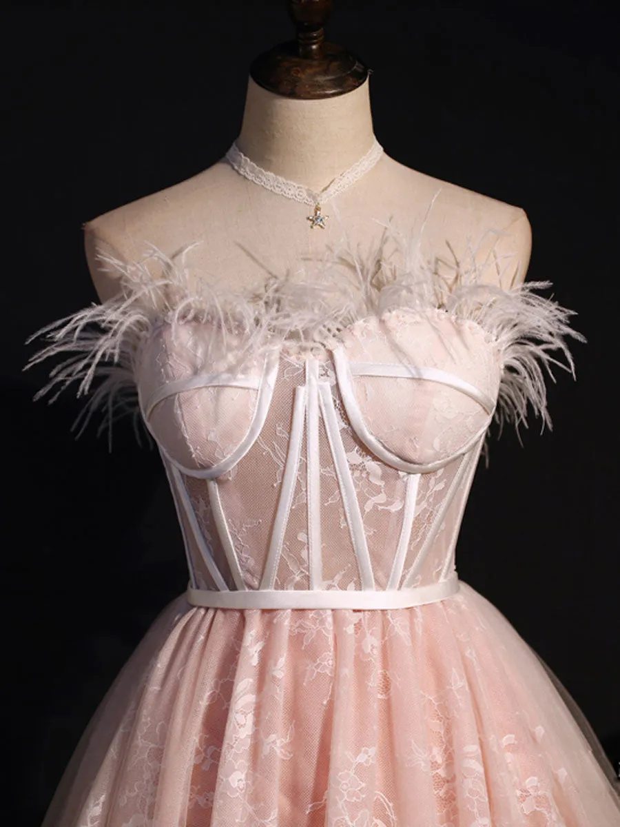 Pink Sweetheart Neck Tulle Lace Short Prom Dress, Puffy Pink Homecoming Dress