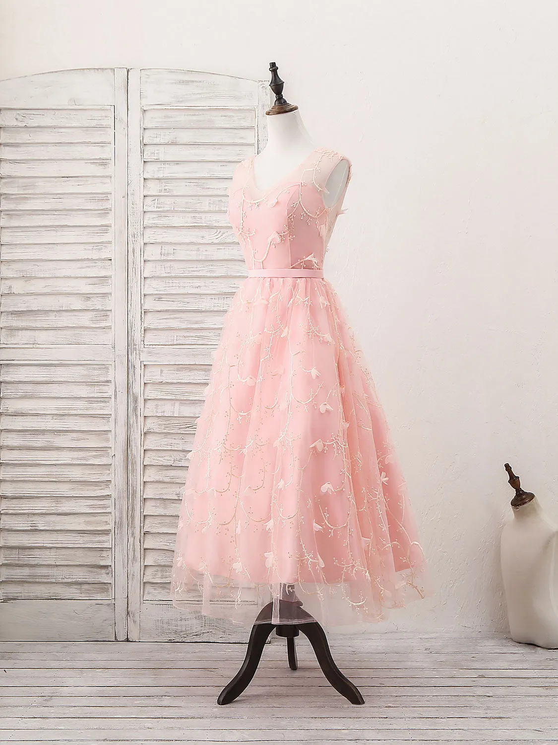 Pink Tulle Lace Tea Length Prom Dress, Pink Homecoming Dress