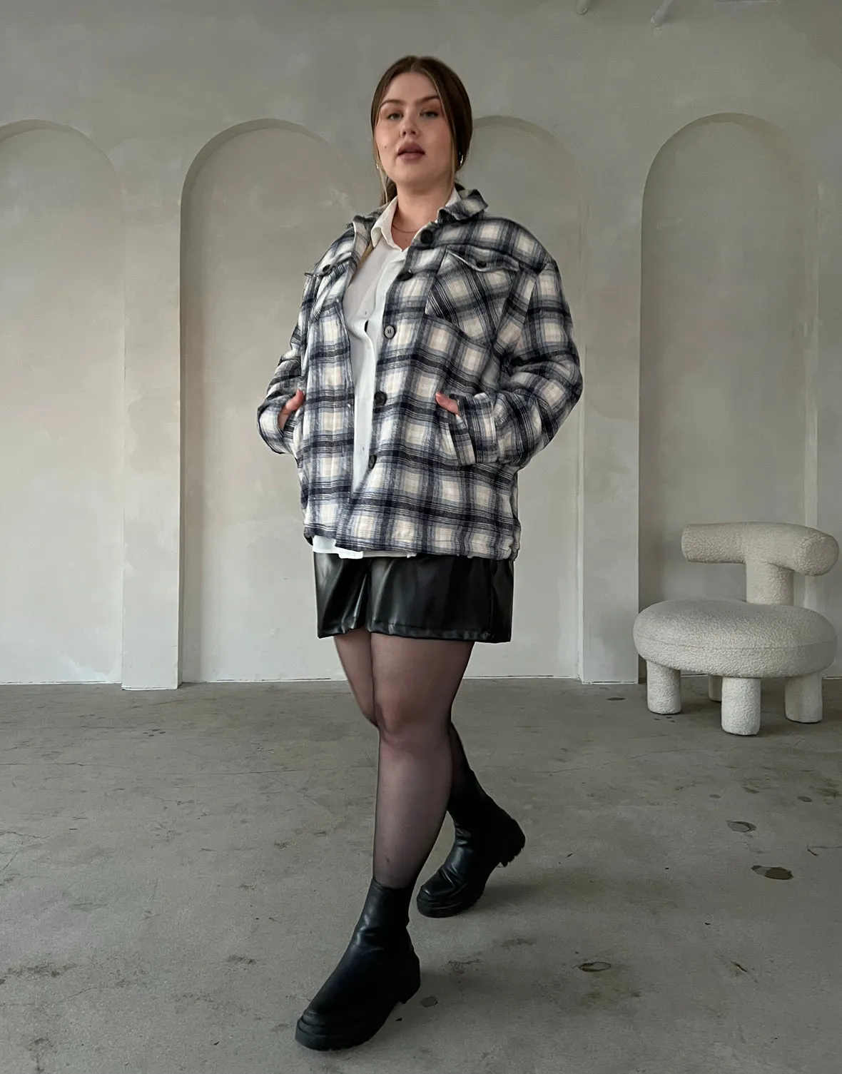 Plus Size Fuzzy Lined Plaid Coat