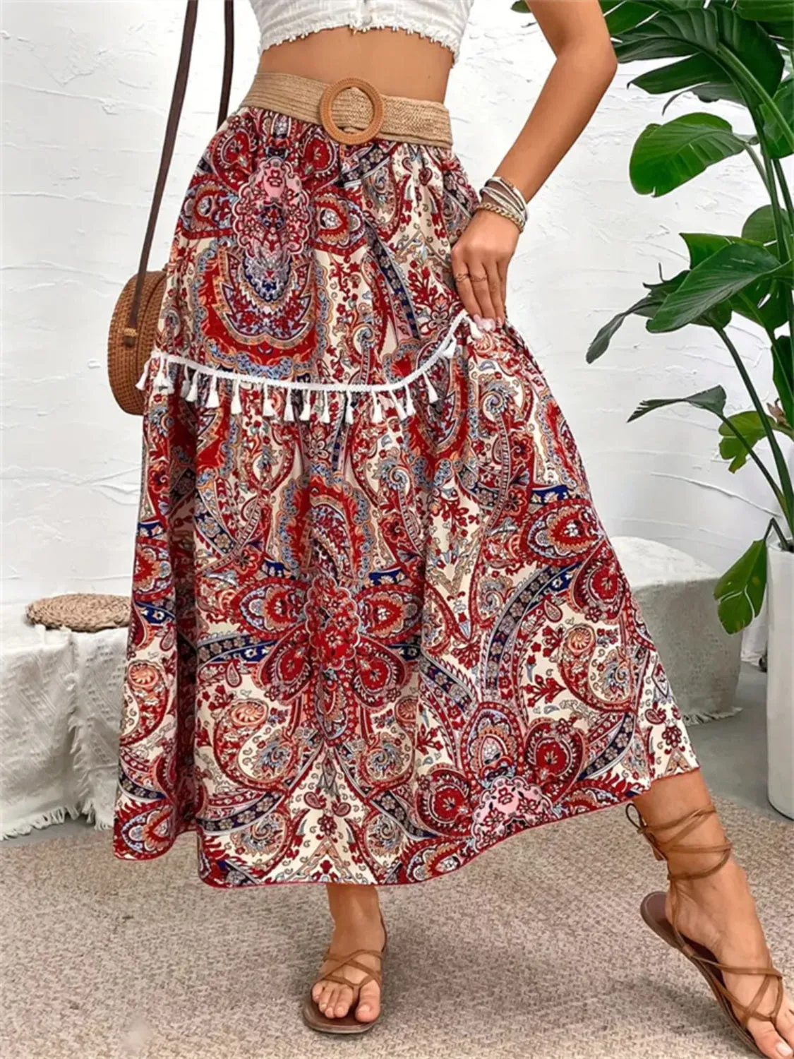 Printed Elastic Waist Midi Skirt