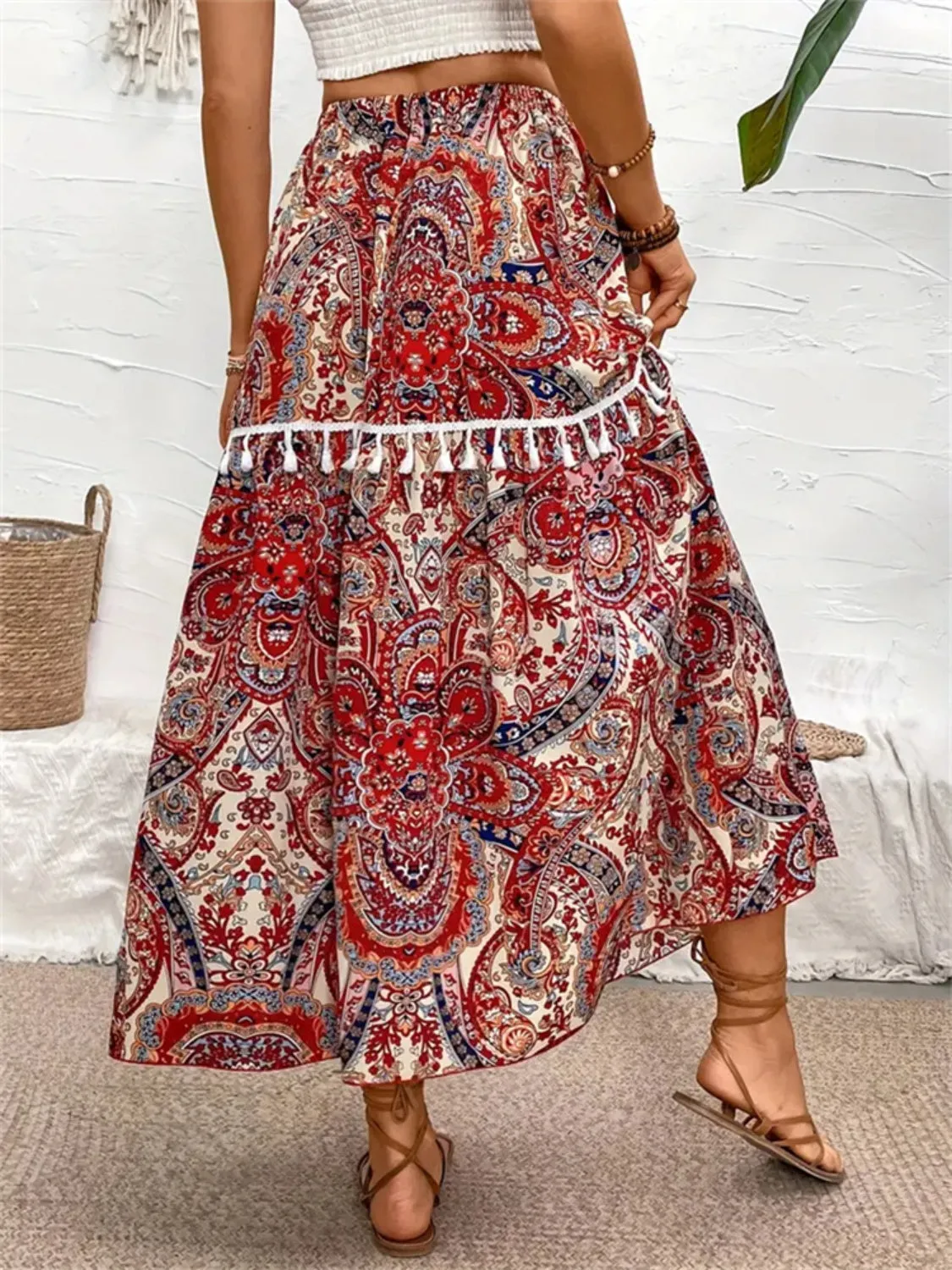 Printed Elastic Waist Midi Skirt