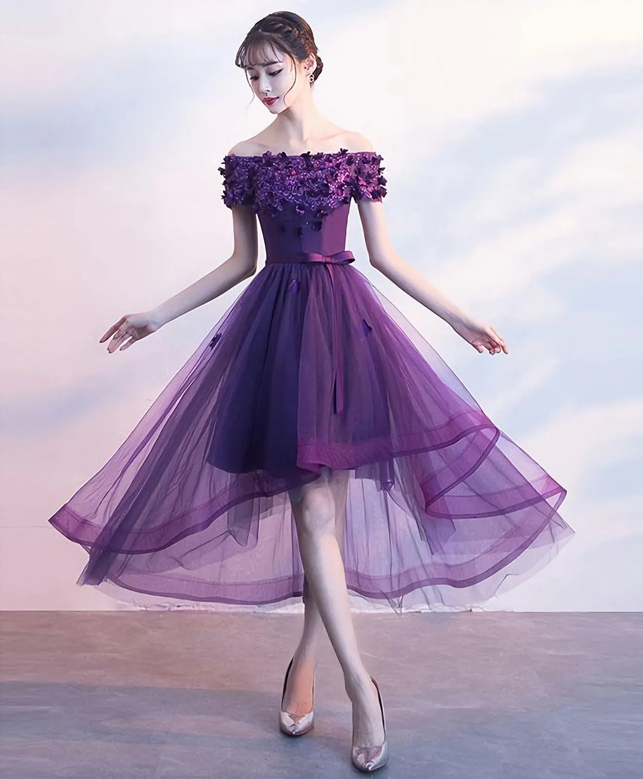 Purpler Tulle Lace Short Prom Dress Purple Evening Dress