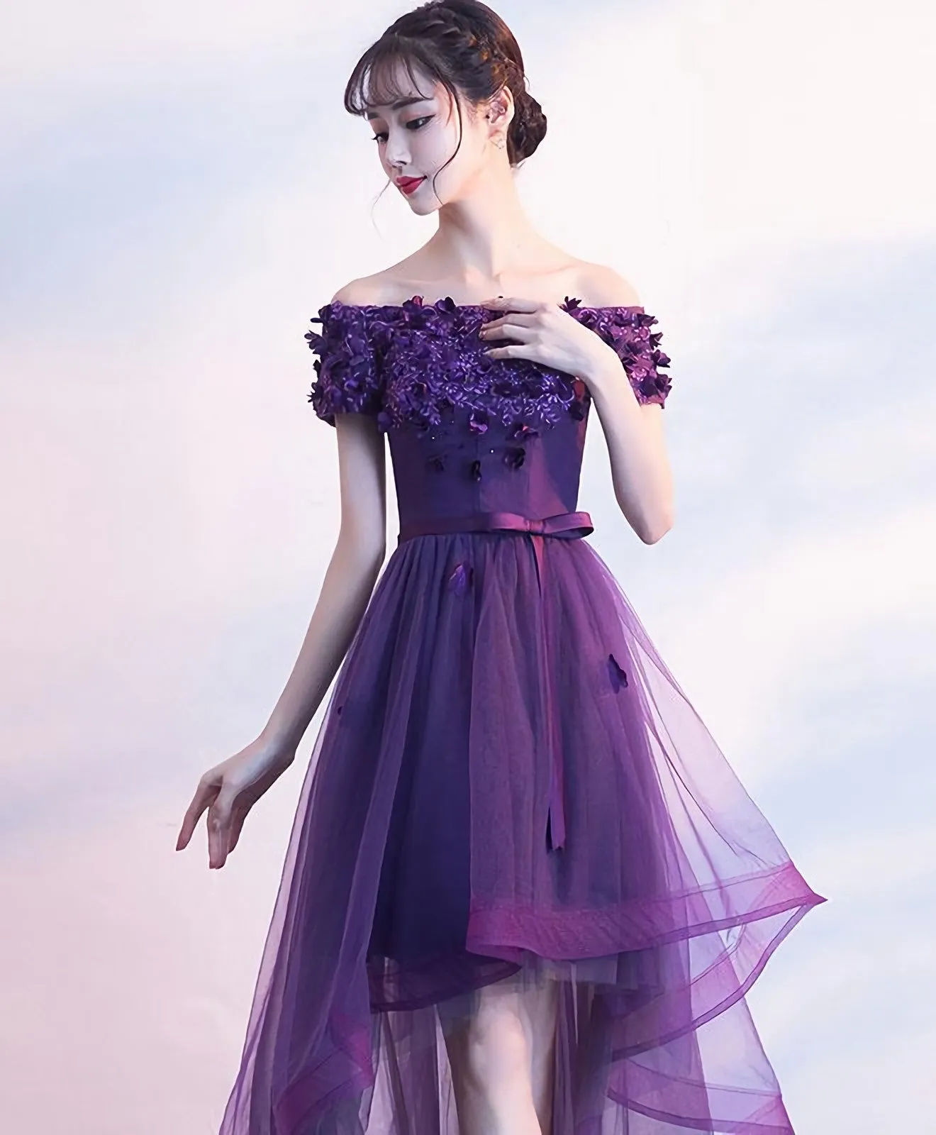 Purpler Tulle Lace Short Prom Dress Purple Evening Dress