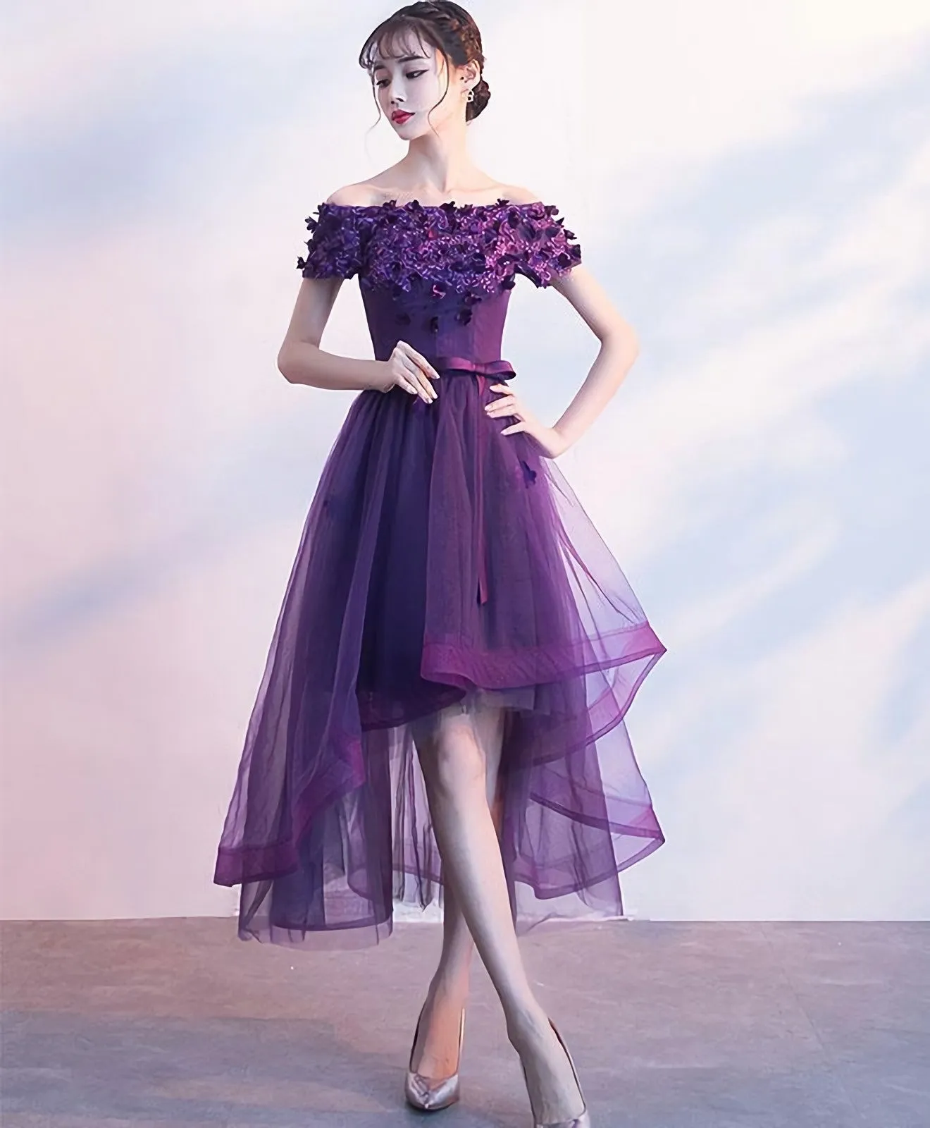 Purpler Tulle Lace Short Prom Dress Purple Evening Dress