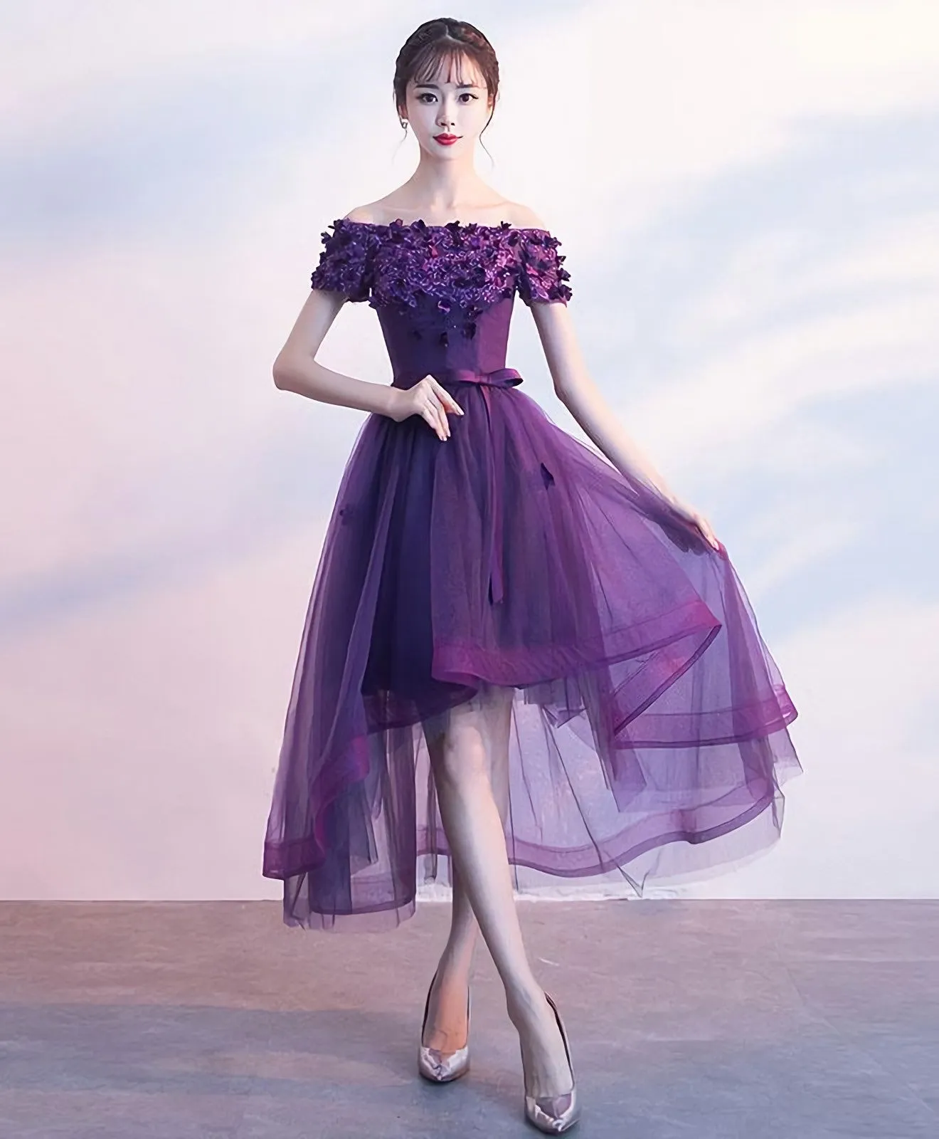 Purpler Tulle Lace Short Prom Dress Purple Evening Dress