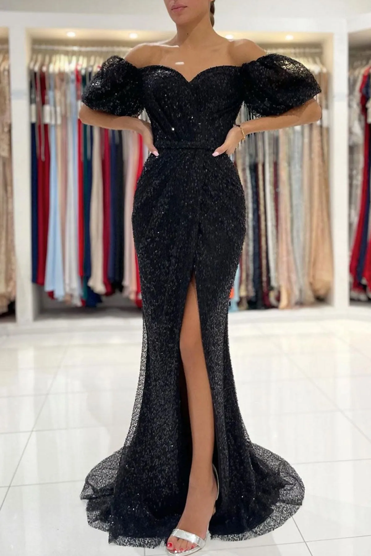 Shiny Tulle Mermaid Off Shoulder Black Long Prom Dress with High Slit, Mermaid Black Formal Graduation Evening Dress A1428