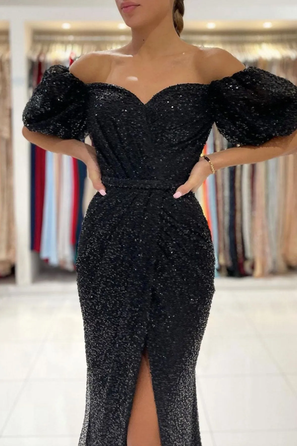 Shiny Tulle Mermaid Off Shoulder Black Long Prom Dress with High Slit, Mermaid Black Formal Graduation Evening Dress A1428